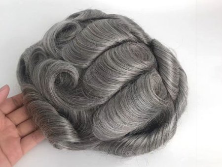 Full Thin Skin PU Base Grey Human Hair Toupee For Men
